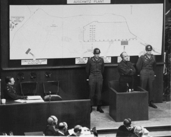 Oswald Pohl testifies on the witness stand during the I.G. Farben Trial